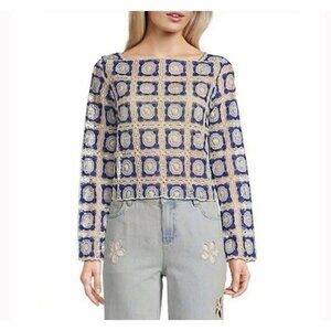 Chelsea & Violet Bonnie Square Neck Crochet Top L Blue Cream Long Sleeve Boho